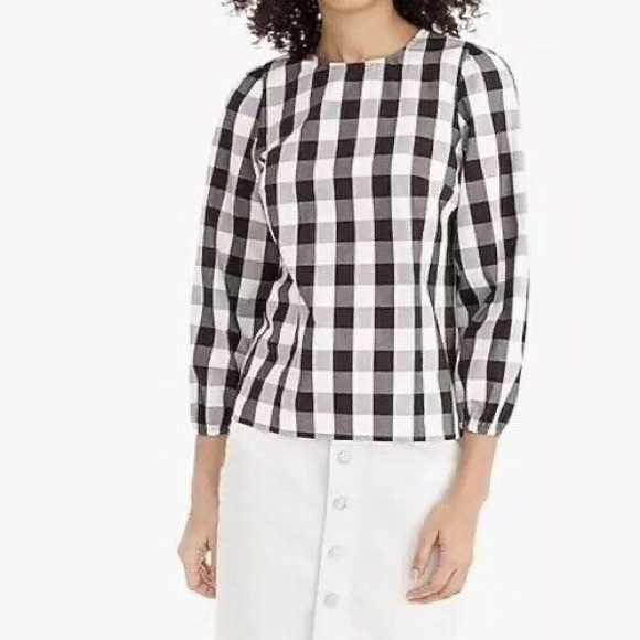 J. Crew Puff-sleeve top in oversized gingham‎ black white 3/4 sleeve size 4 - Picture 1 of 8